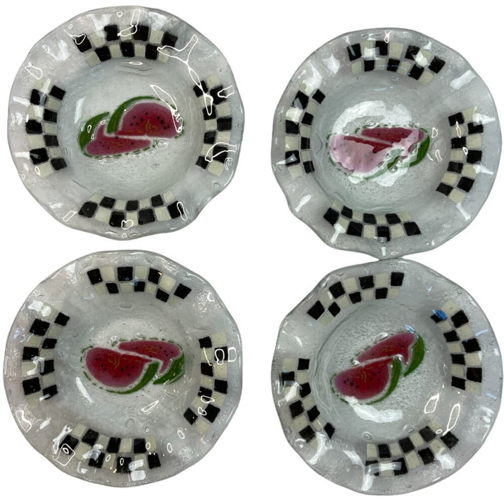 Watermelon Black Checker Print Frosted Glass Salad Bowl Plates Set of 4